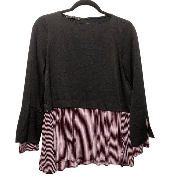 Zara Basic Black Round Neck Long Sleeve Striped Hem Top S - Picture 1 of 10